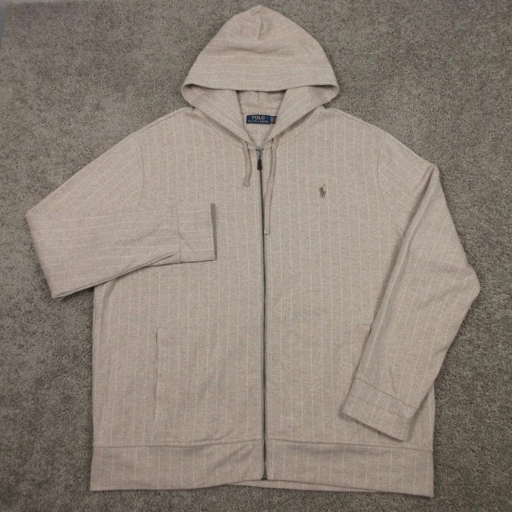 Polo Ralph‎ Lauren Sweater Mens 2XL Beige Pinstripe Full Zip Hoodie Sweatshirt
